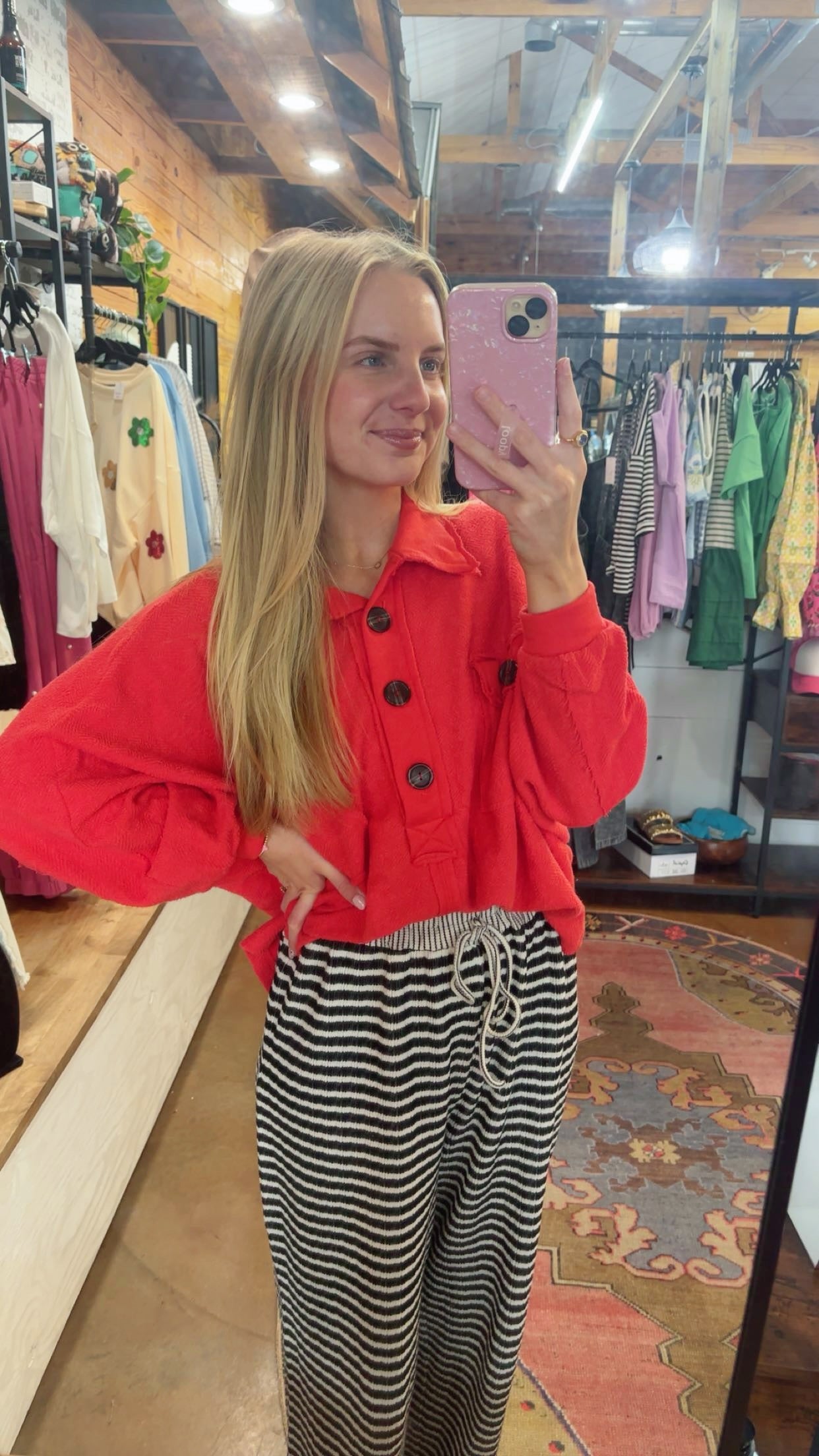 Red Terry Knit Loose Fit Top