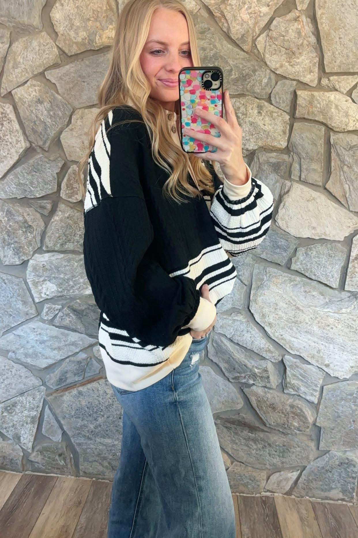 Black Stripe-Cable Knit Mixed Top