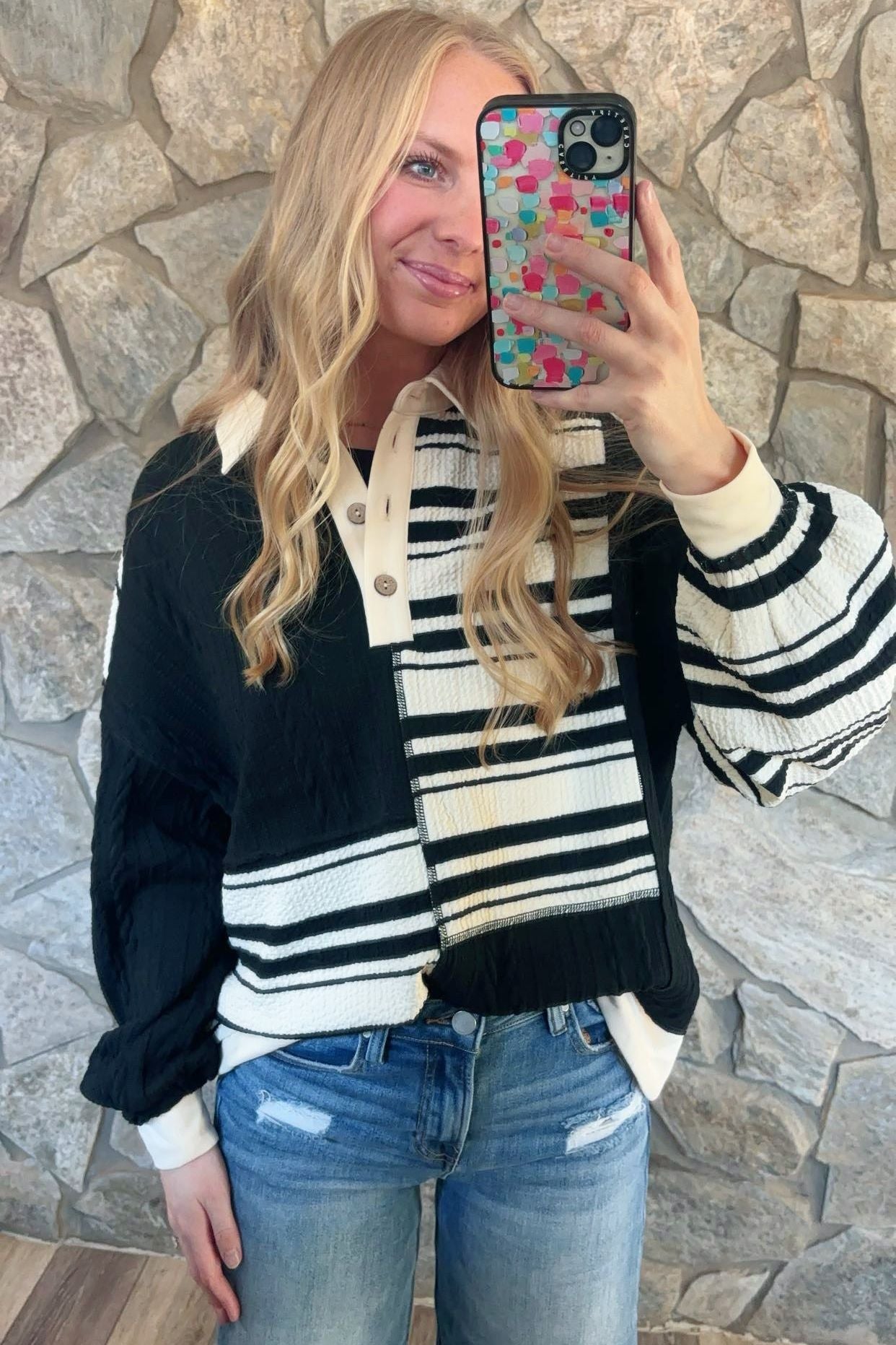 Black Stripe-Cable Knit Mixed Top