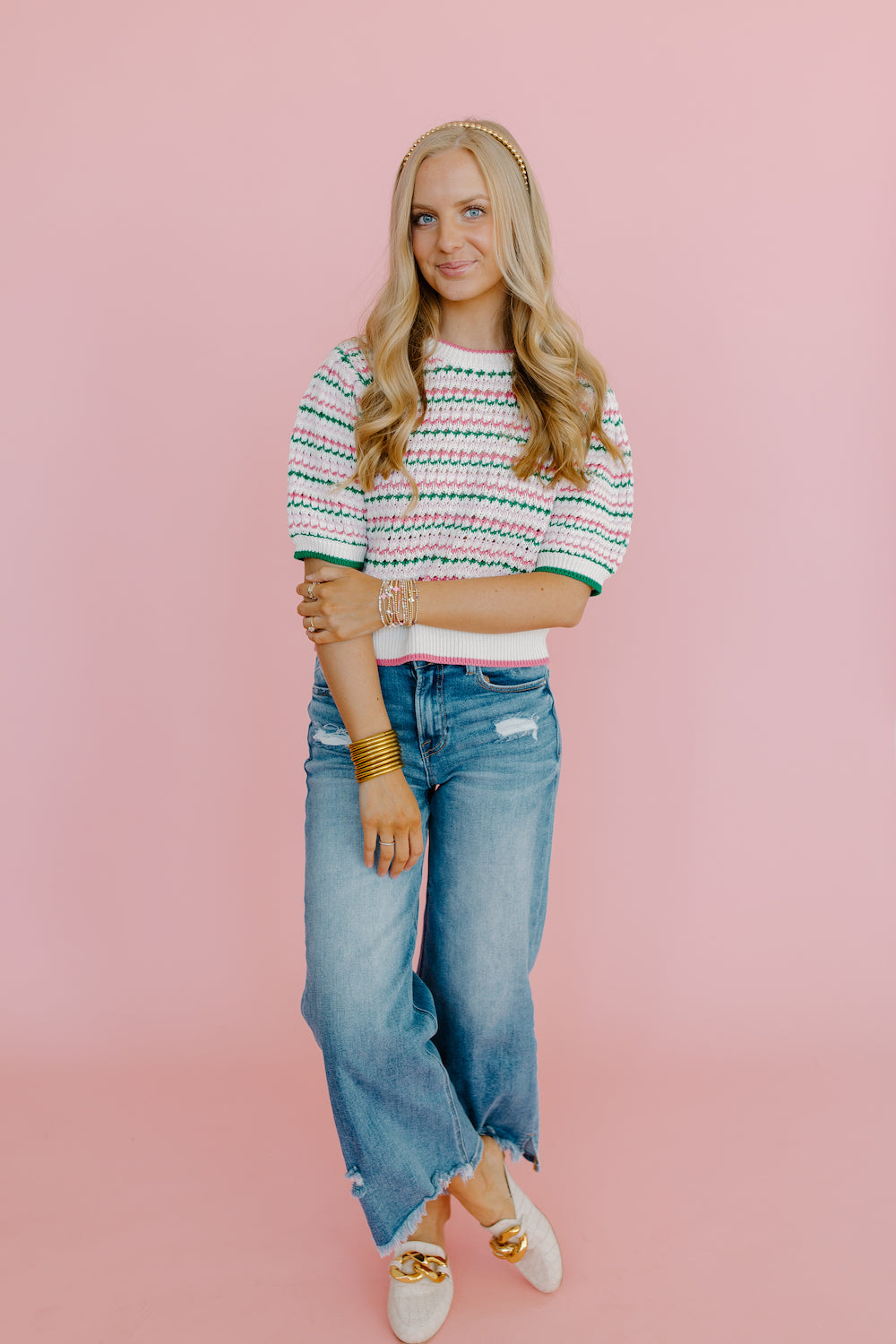 Contrast Color Puff Sleeve Top