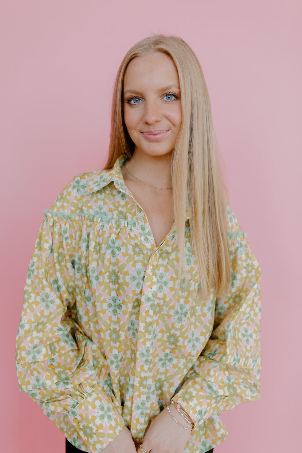 Floral Print Balloon Sleeve Collar Top