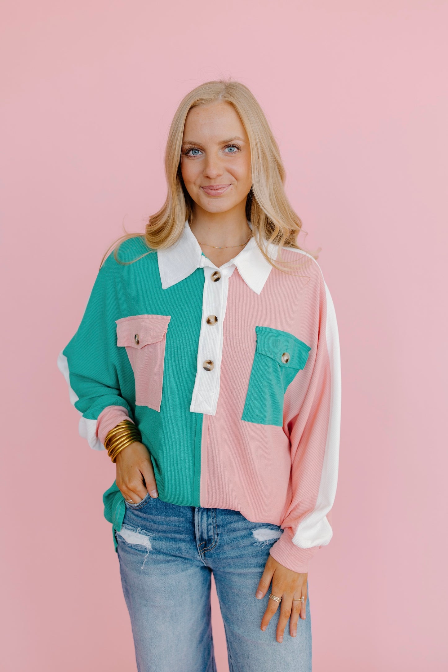 Color Block Button Up Top