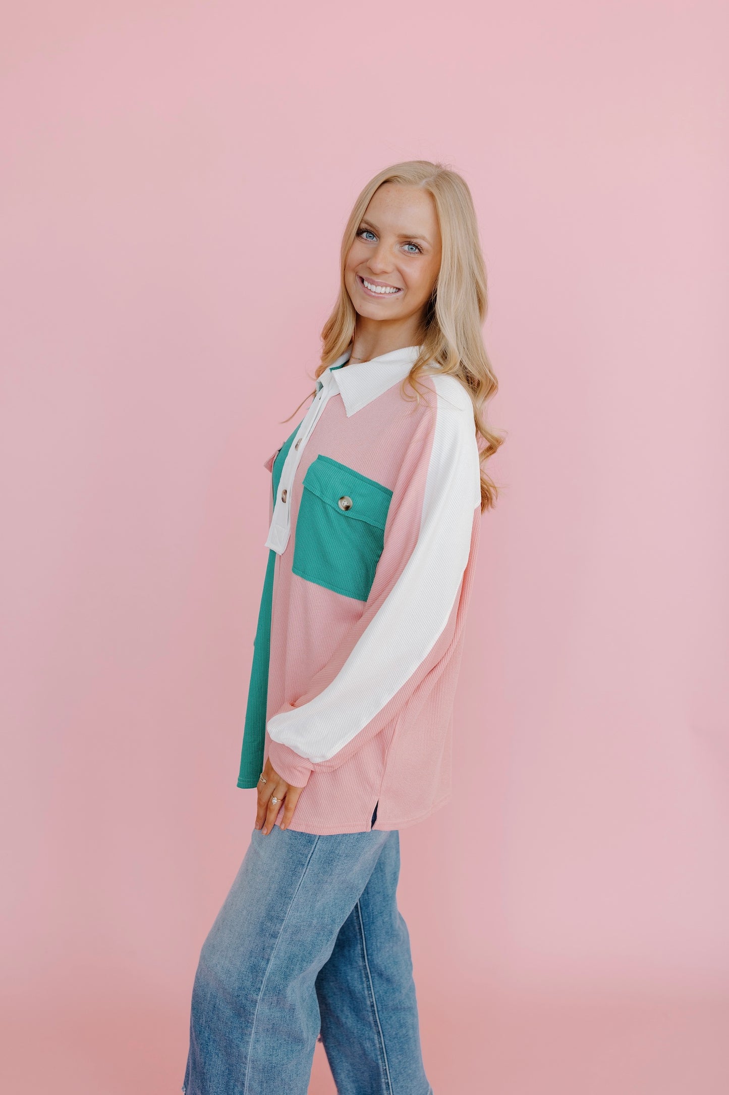 Color Block Button Up Top