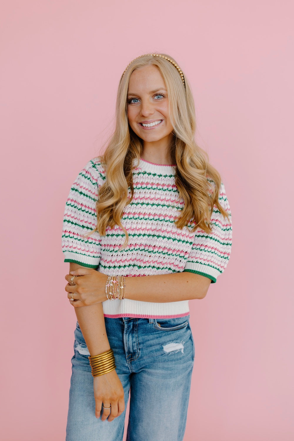 Contrast Color Puff Sleeve Top