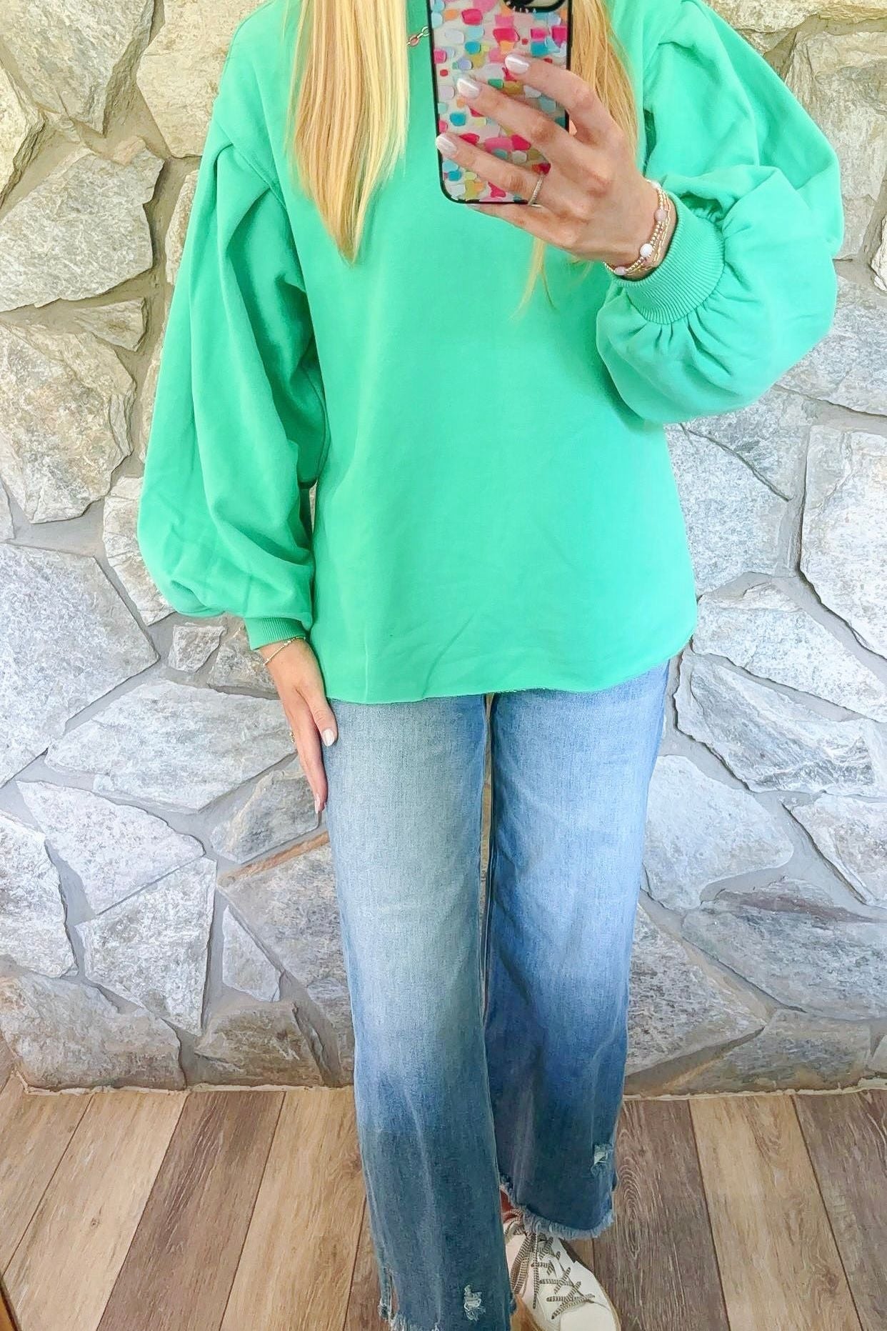 Green Balloon Sleeve Pullover