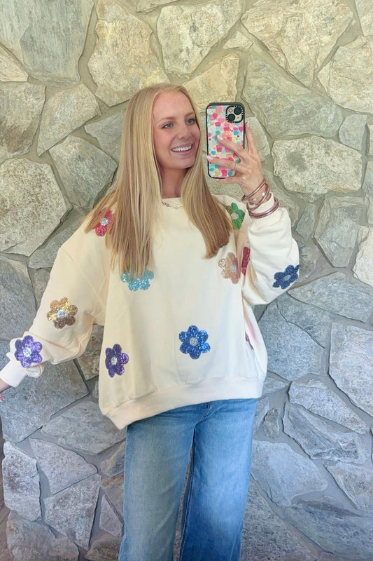 Sequin Flower Patch Pullover