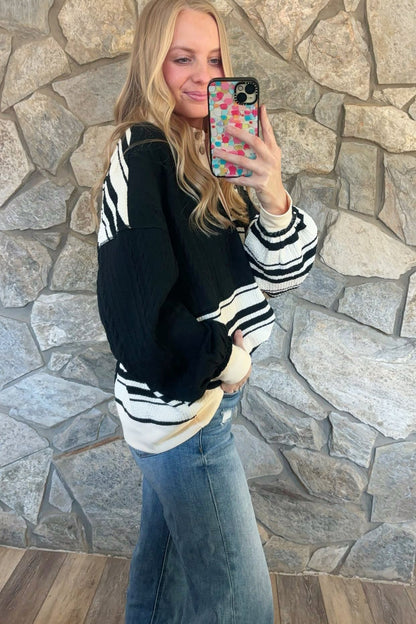 Black Stripe-Cable Knit Mixed Top