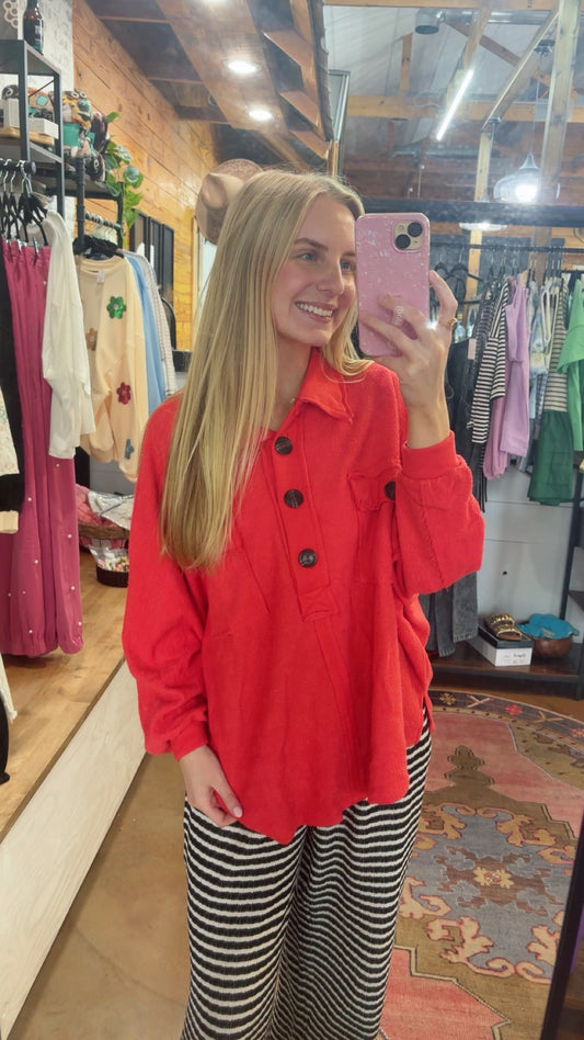 Red Terry Knit Loose Fit Top