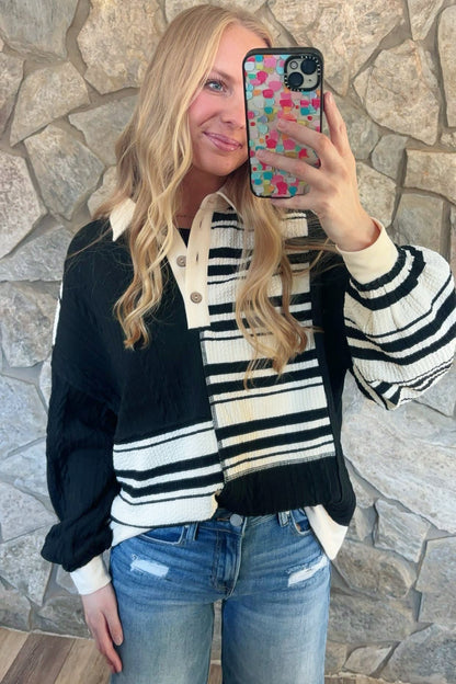 Black Stripe-Cable Knit Mixed Top