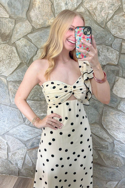 Polka Dot One Shoulder Ruffle Midi Dress