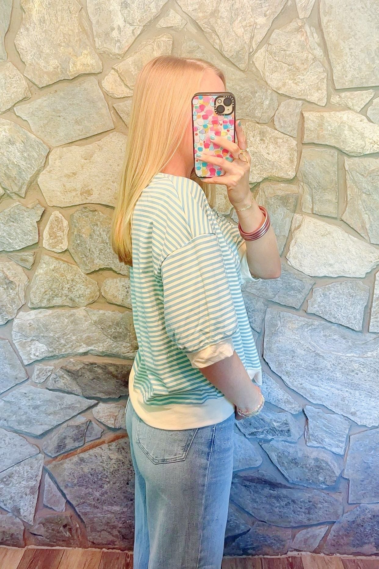 Blue Crew Neck Stripe Short Sleeve Top