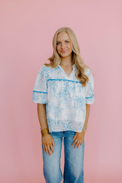Blue Scalloped Floral Blouse