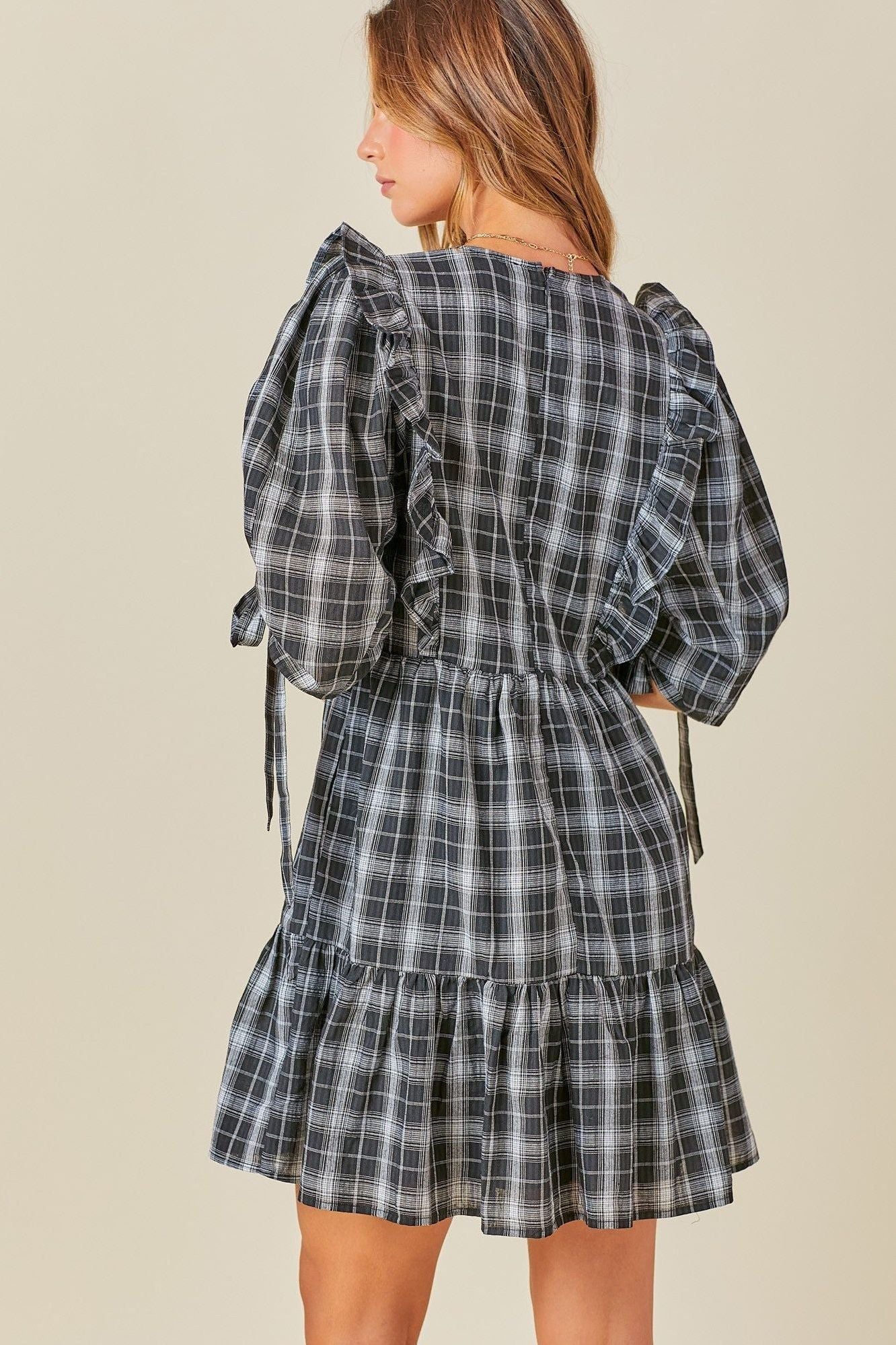 Black V Neck Ruffle Dress